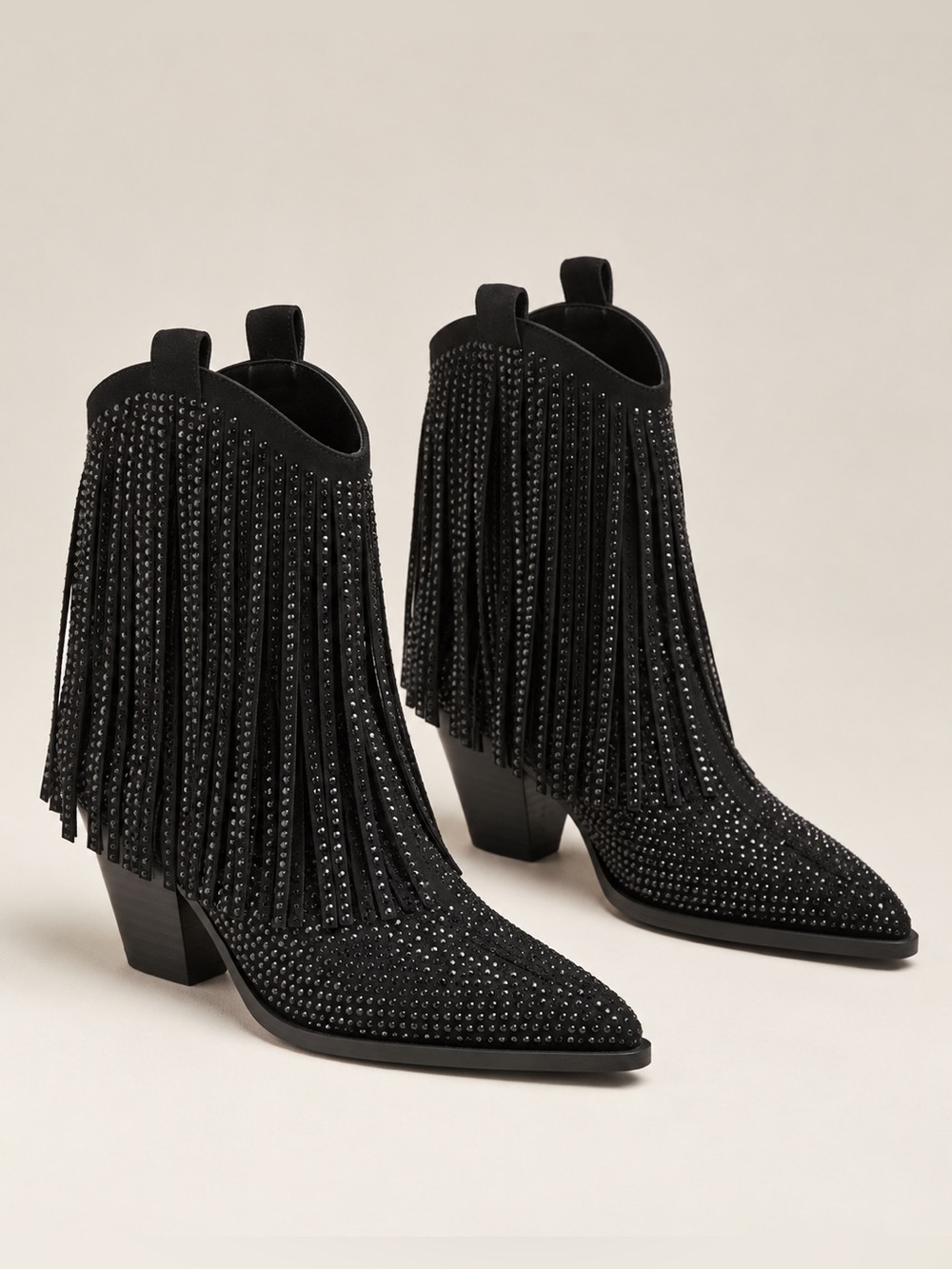 NWT Jessica Simpson Paredisa Fringe Cowboy Boots Black Rhinestone Booties Sz 6,5